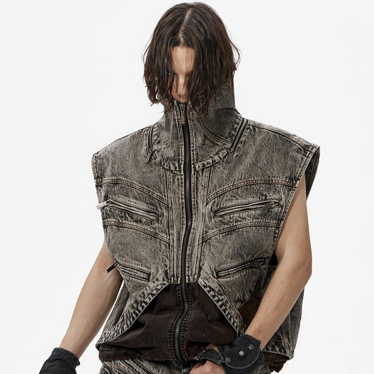 Splicing Denim Vest Jacket Men's Summer Zipper Sleeeless Camisole
