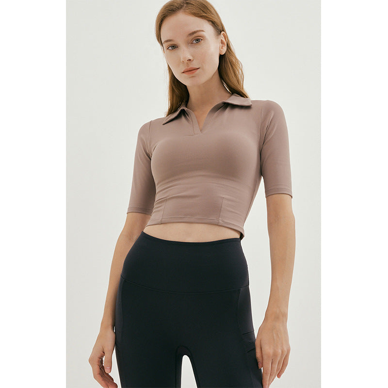 Sexy Slim Fit Short Sleeve Yoga Suit T-shirt Polo Collar Top Nylon Nude Feel Exercise Workout Clothes