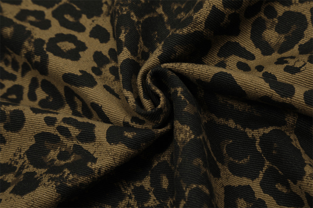 Men's Loose Casual Stand Collar Leopard Print Denim Jacket