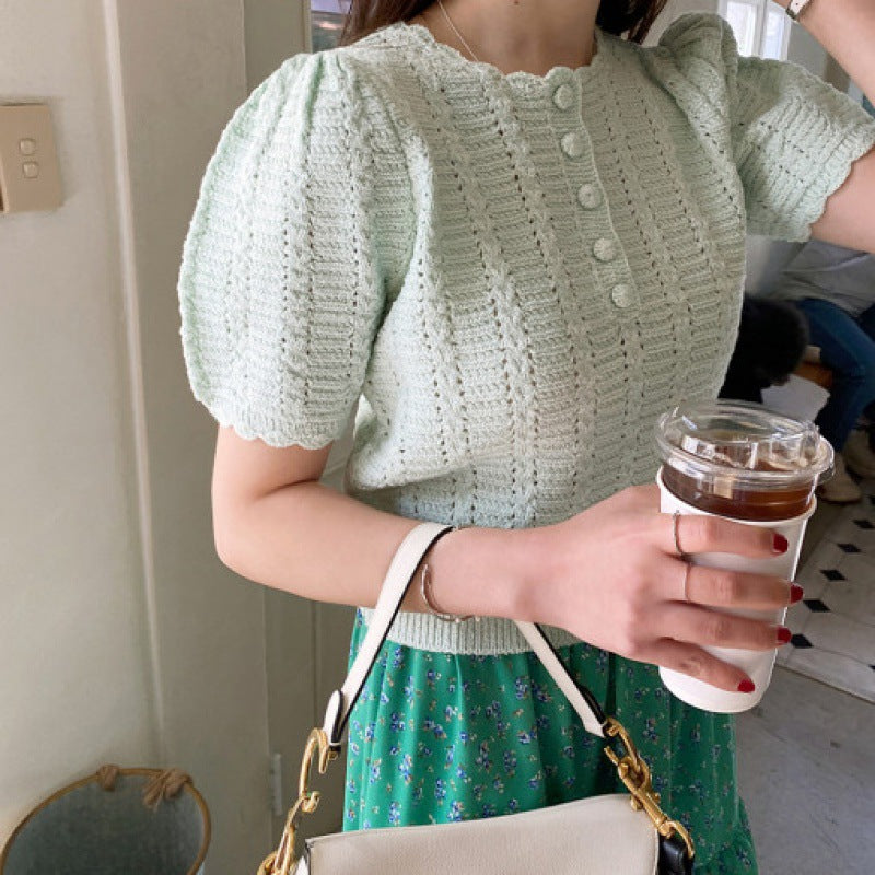 French Retro Lacework Round-neck Hollow Slim-fit Cardigan