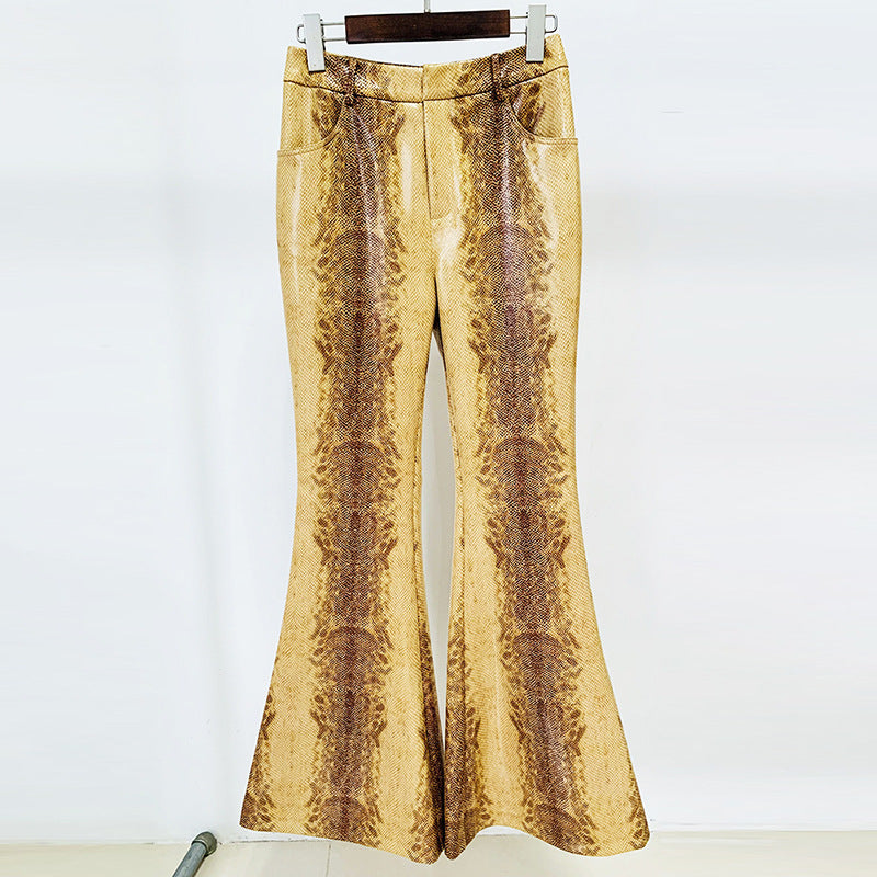 Fashion Snake-print Leather Jacket Coat Flared Pants