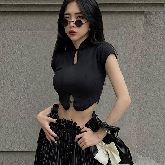 Round Neck Short Sleeve Cutout Slim Fit Vintage T-Shirt Polyester Blouse