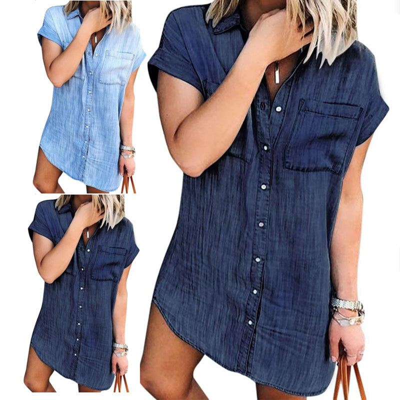 Women's Short-sleeved Distressed Denim Buckle Casual Shirt