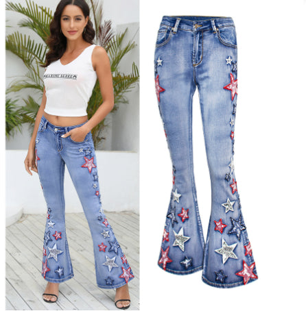 Broderede slim-flared-bukser i vasket denim