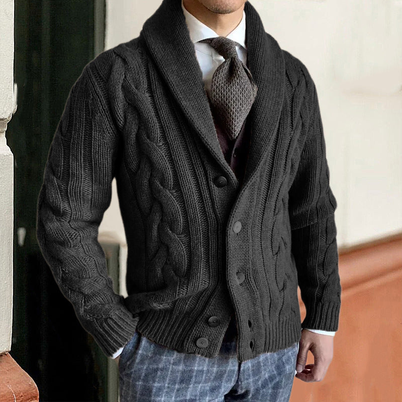 High-neck Twisted Knit Long Sleeve Sweater Coat For Men