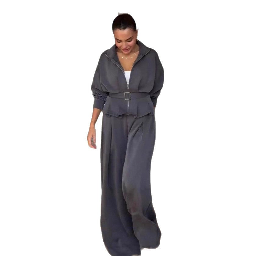 Women's Polo Collar Solid Color Waist Slimming Wide Leg Pants Suit