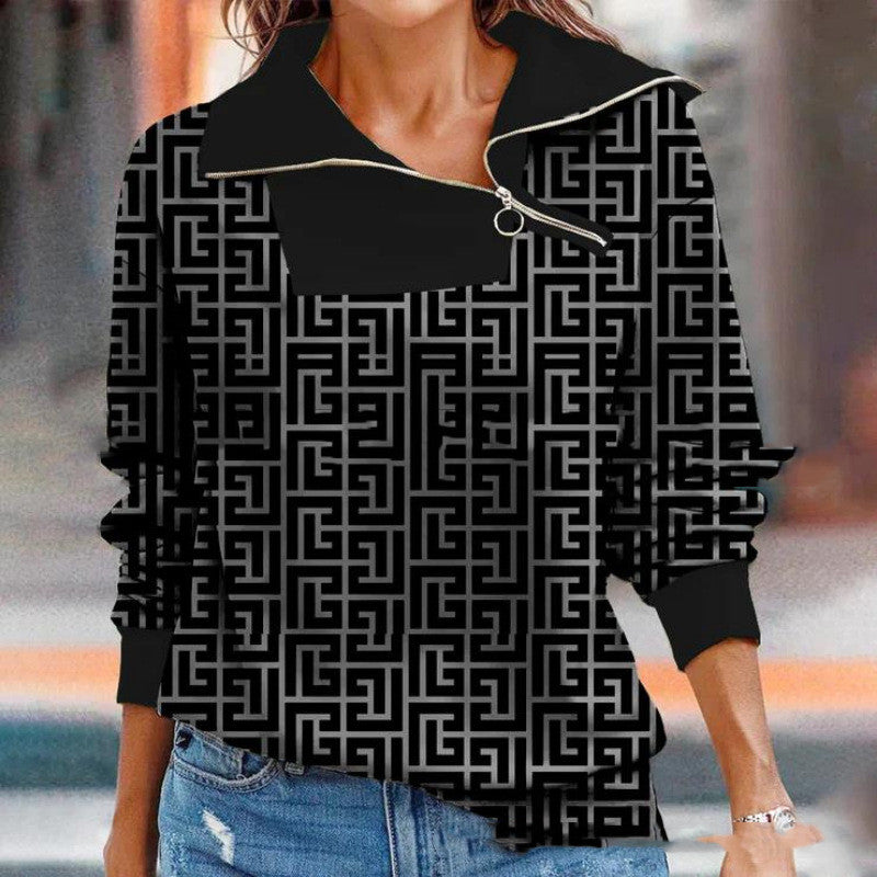New Women's Digital Print Zippered Slanted Collar Loose Sweater