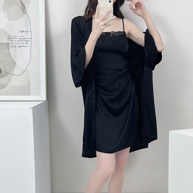 Black Sexy Pajamas Slip Dress And Robe Two-Piece Set