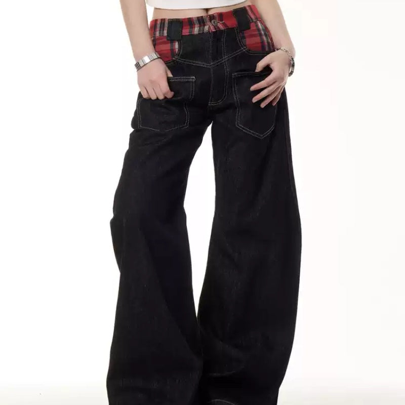 Retro Plaid Stitching Reverse Pocket Design Jeans