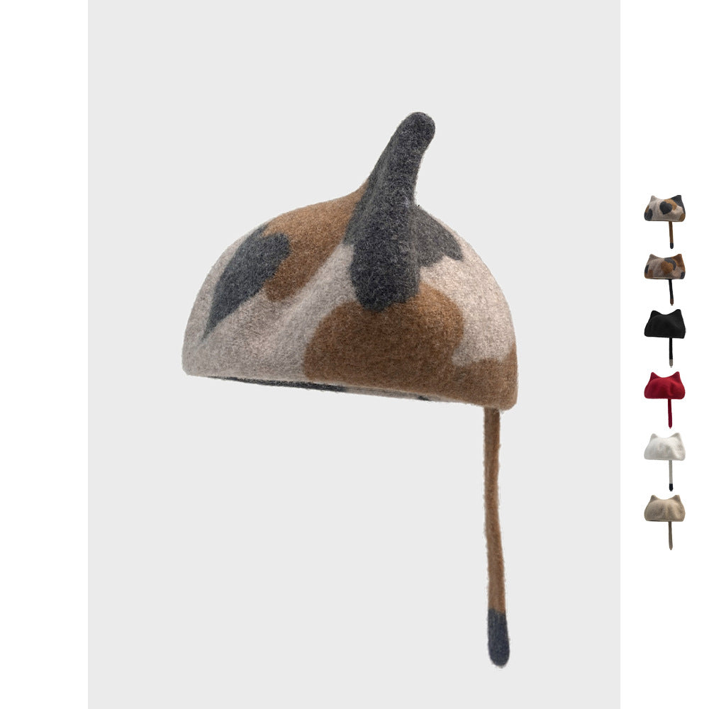 Cute Little Tail Cat Ears Wool Beret Fashion Octagonal Cap