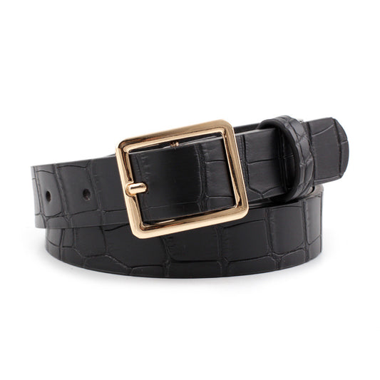Ladies Square Button Jeans Dress Faux Leather Belt