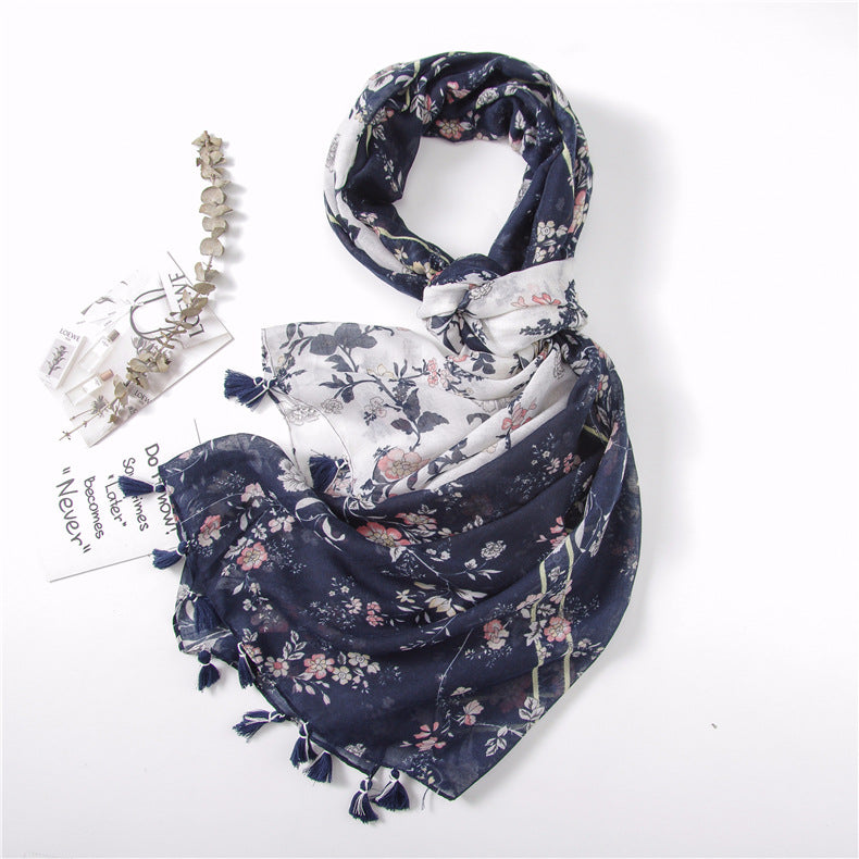 Vintage Vine Flower Print Handmade Fringed Silk Scarf