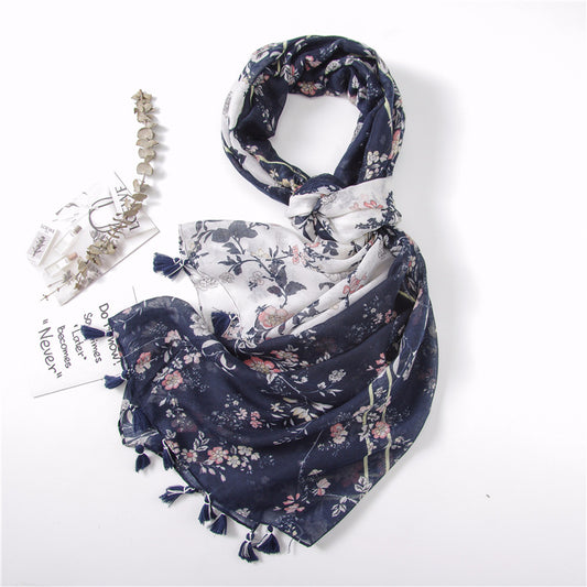 Vintage Vine Flower Print Handmade Fringed Silk Scarf