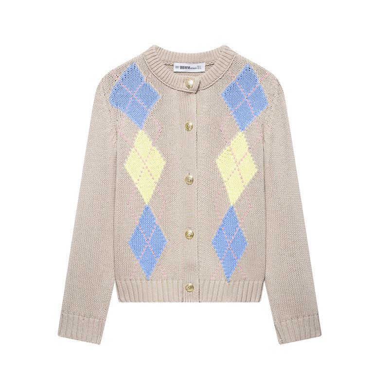 Diamond Pattern Contrast Color Round Neck Long Sleeve Knitted Coat