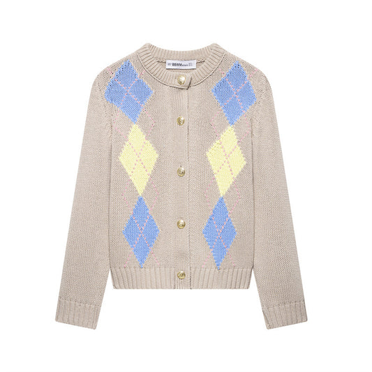Diamond Pattern Contrast Color Round Neck Long Sleeve Knitted Coat