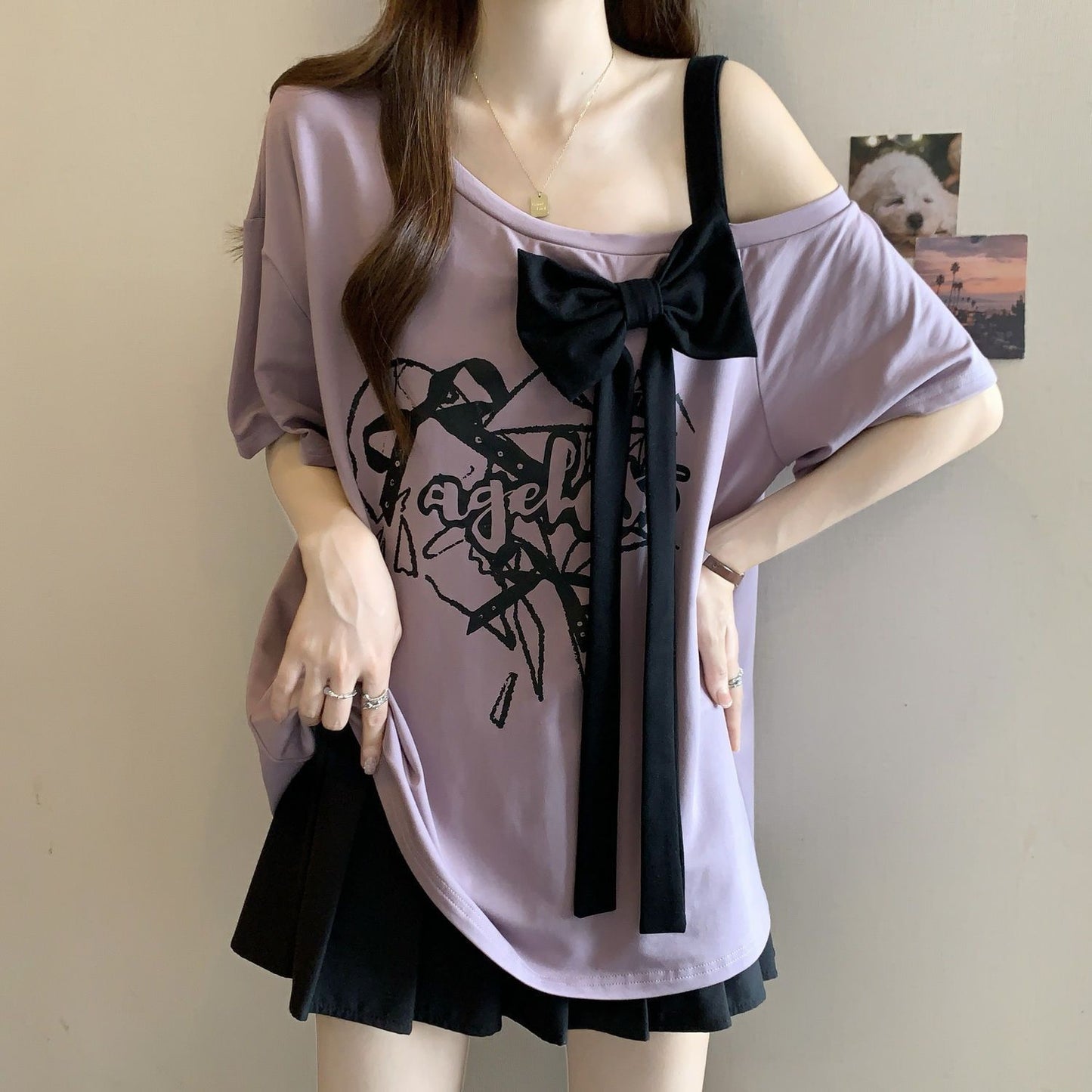 Large Size Three-dimensional Bow Off-the-shoulder Short Sleeve Summer New Loose