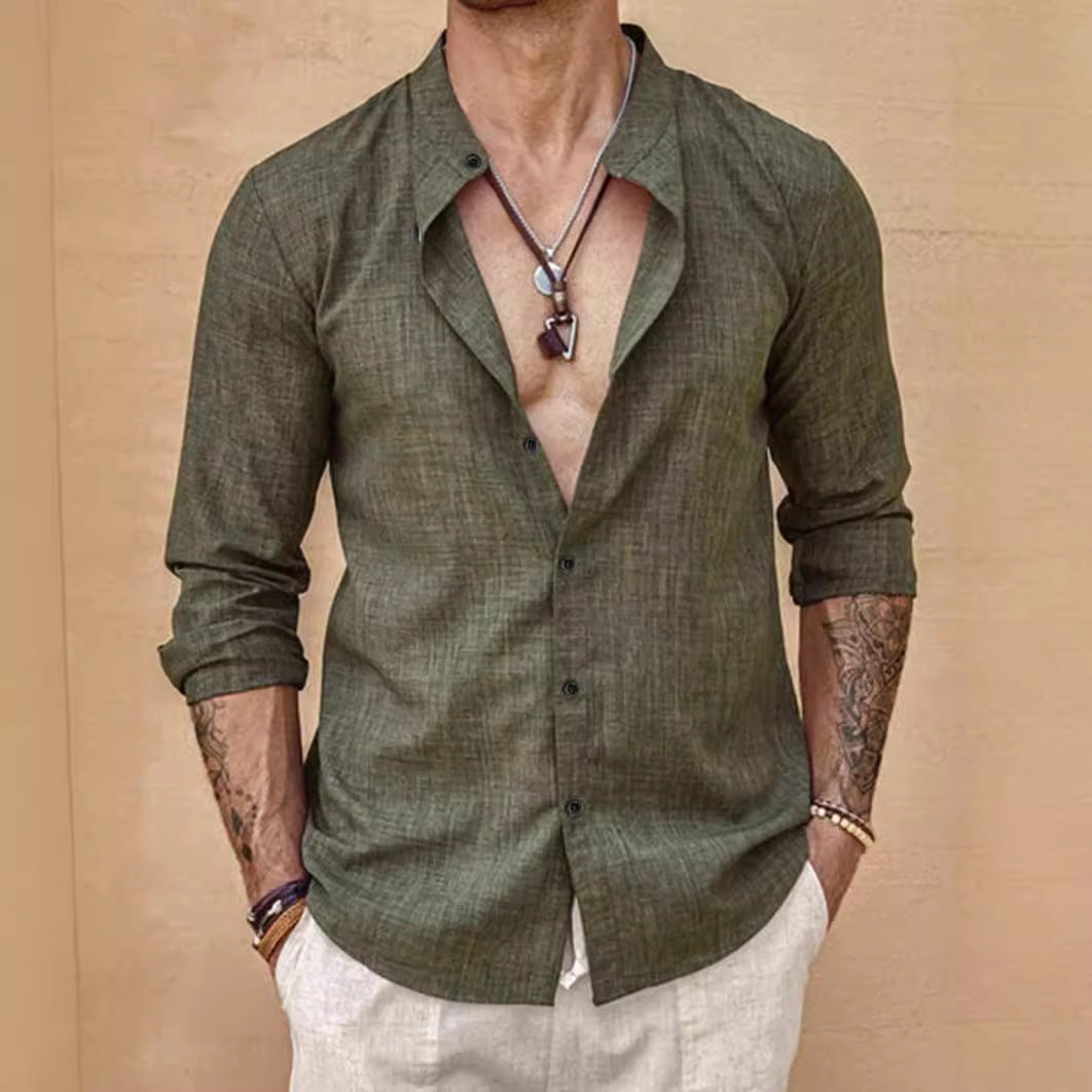 Stand Collar Long Sleeve Men's Cardigan Shirt Men's Top