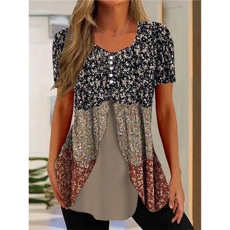 Women's Floral Print Round Neck False Two Pieces Button Short Sleeve T-shirt