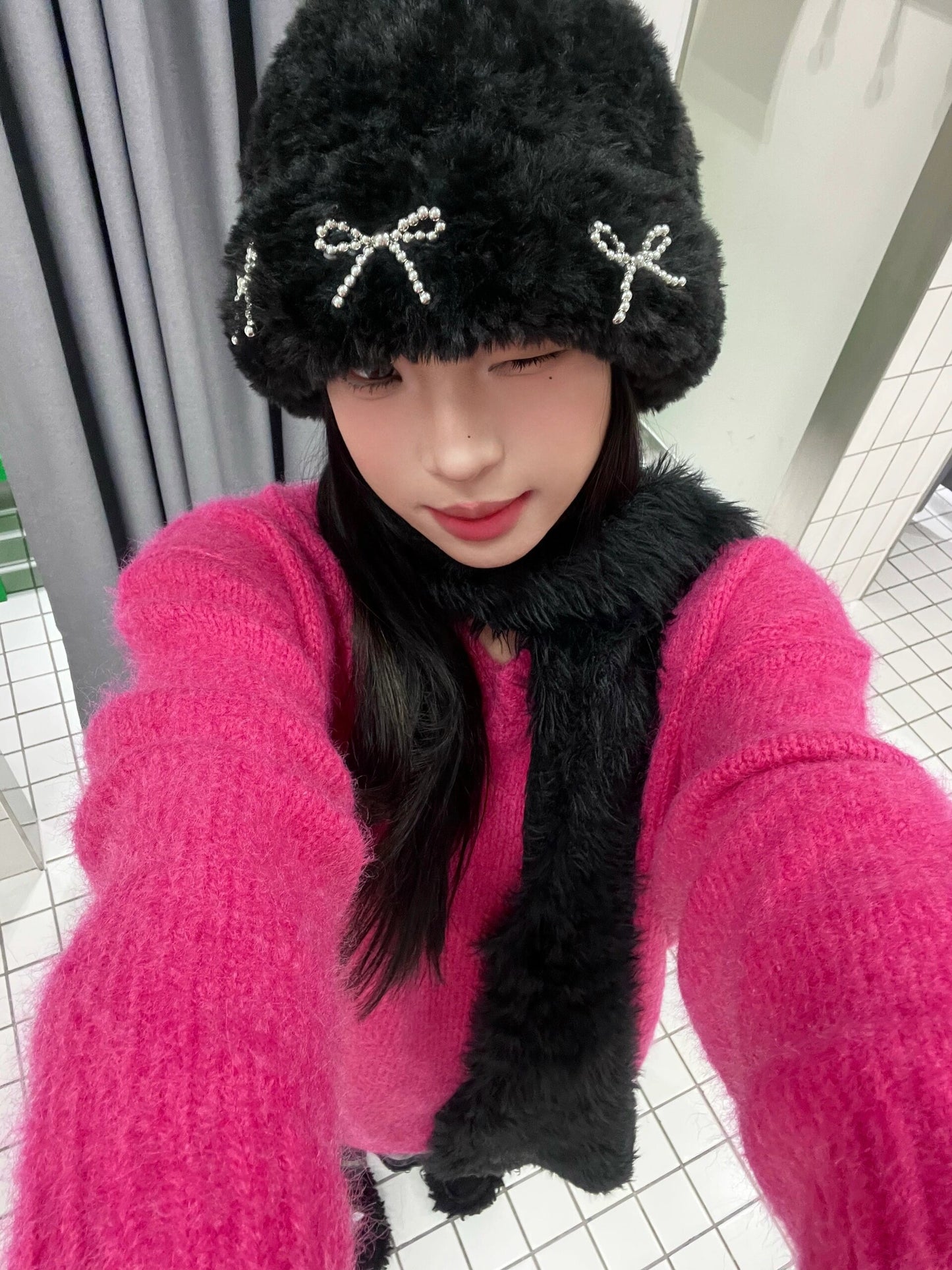 Autumn And Winter Thick Warm Soft Glutinous Knitted Bow Plush Bonnet For Women