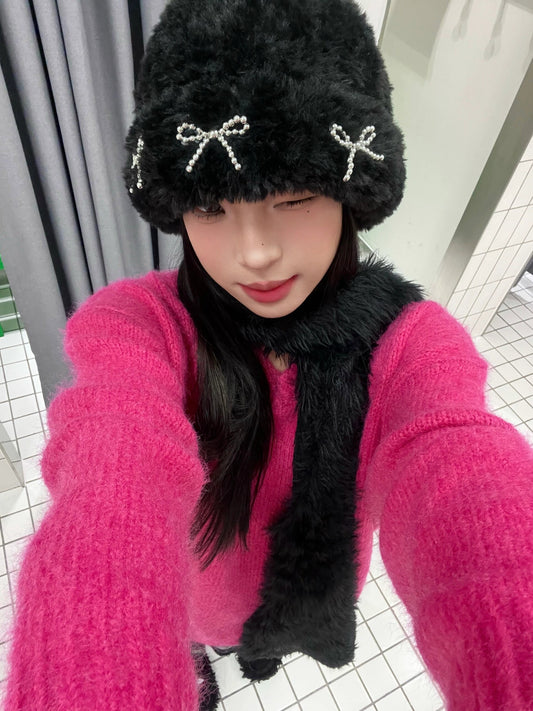 Autumn And Winter Thick Warm Soft Glutinous Knitted Bow Plush Bonnet For Women