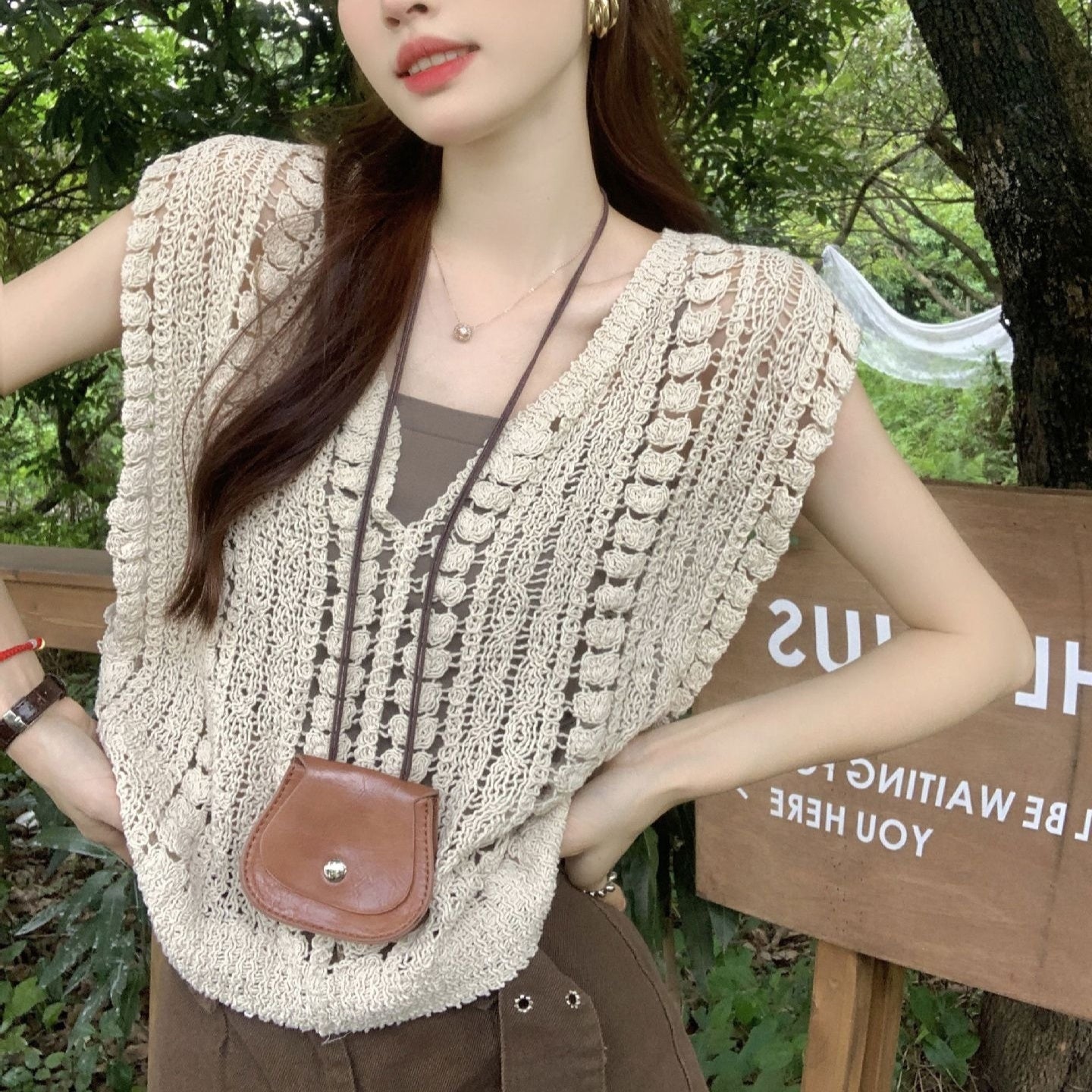 Hollow-out Crocheted Sleeveless Outerwear Bandage Dress Knitwear