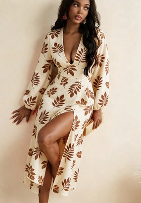 French Retro Style Deep V Puff Sleeve Slit Long Dress For Women