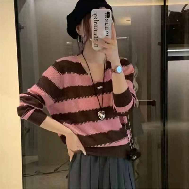 V-neck Needle Autumn New Striped Color Matching Long Sleeve Sweater Inner Bottoming Shirt Women