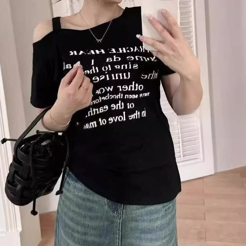 Korean-style Fashionable Letter-printed Off-shoulder Short-sleeve T-shirt