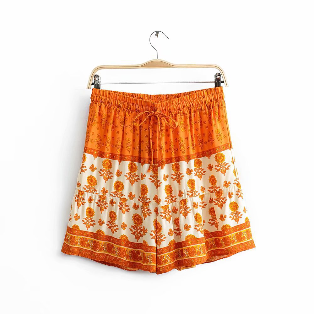 Spring Summer Two Tone Printed Shorts Elastic Waist Strap