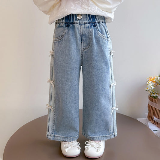 Nye efterårsjeans med brede ben og sløjfe til børn