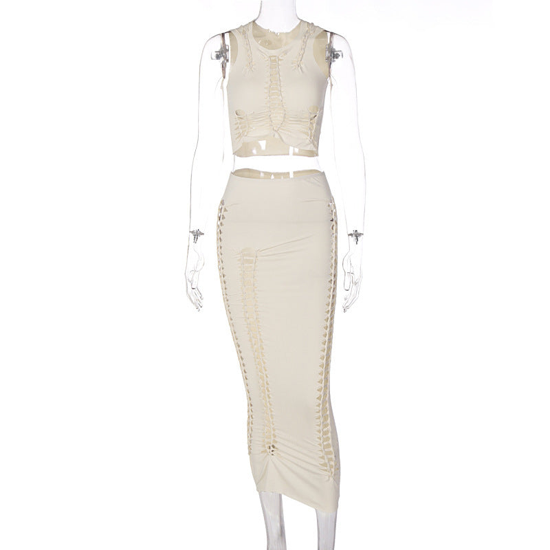 Solid-color Hollow-out Crew-neck Vest And Figure-hugging Skirt Set