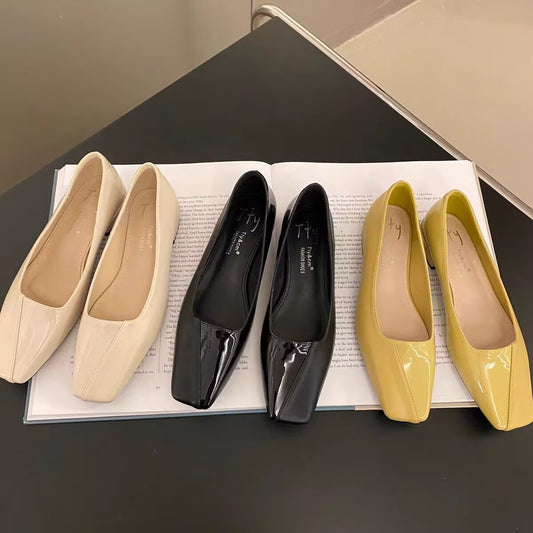 Spring All-matching Low Heel Retro Flat Bottom Square Toe Gommino Pumps Women