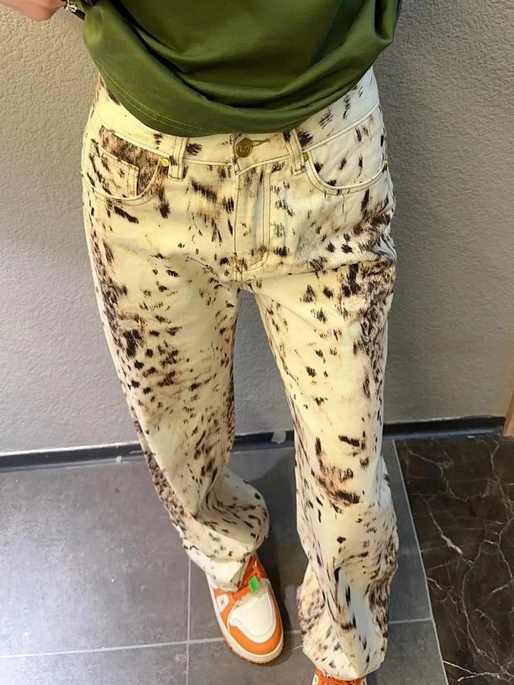 New Vintage Leopard Print Straight All-matching High Waist Slimming Women's Jeans