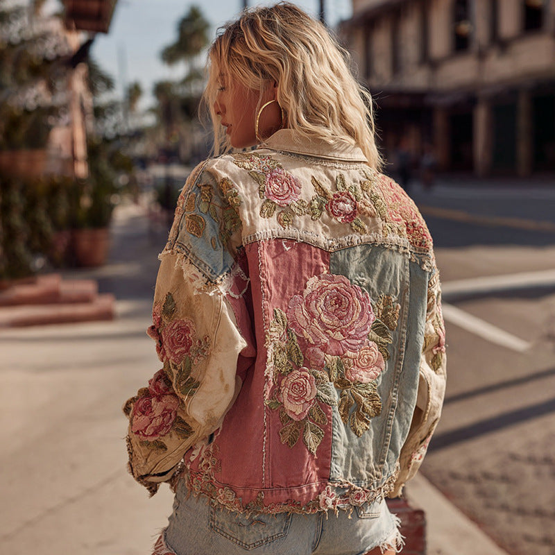 Women's Vintage Patchwork Print Turned Hem Denim Jacket