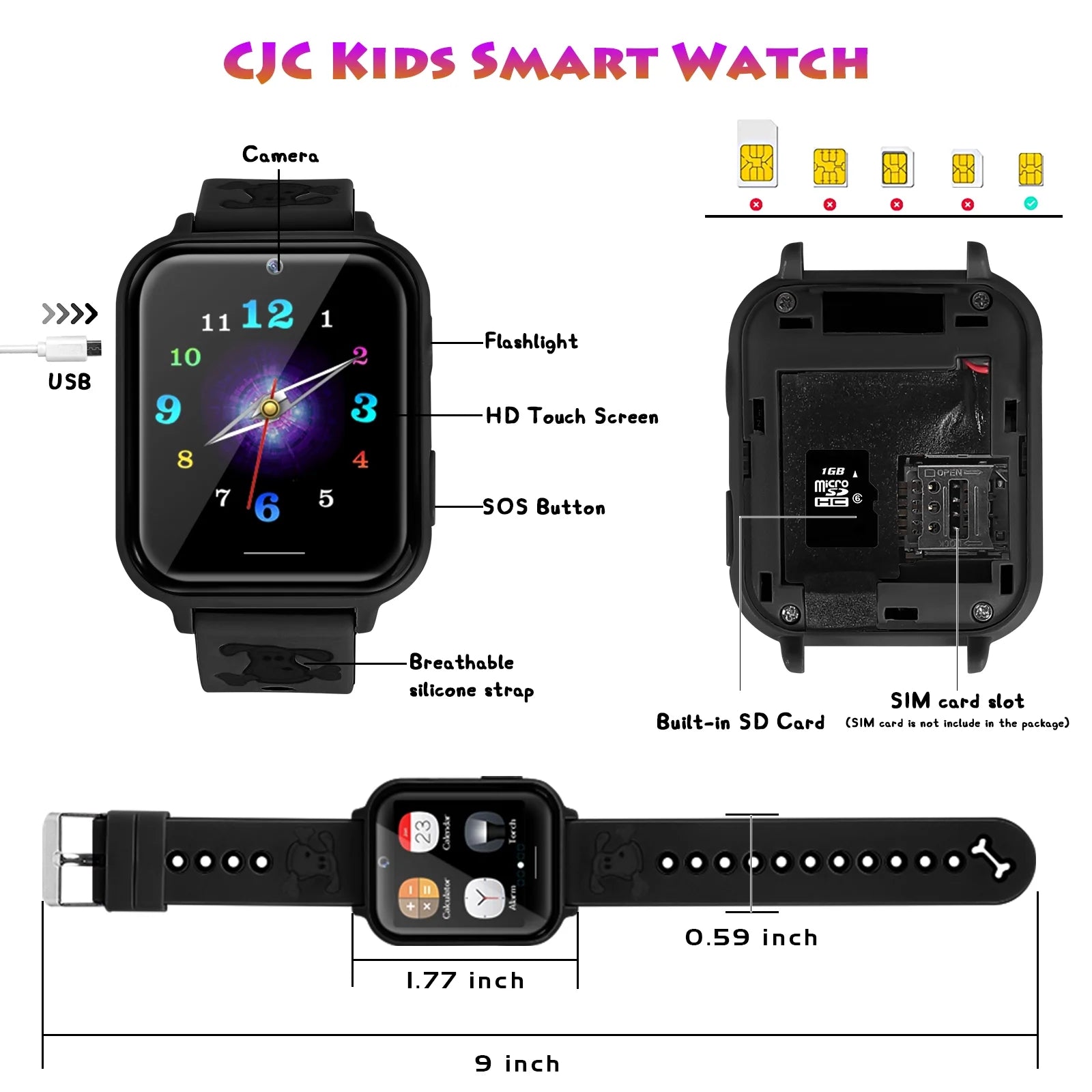 Kids Smart Watch 39 Mm Black Aluminum Alloy with Black Band
