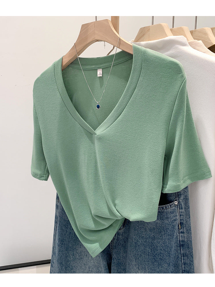 V-neck Shoulder Short-sleeved T-shirt Women's Fashion Small Top
