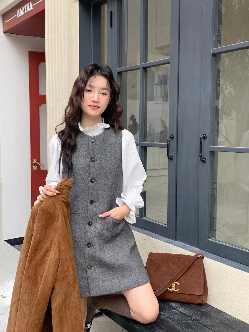 Women's Single-breasted Wool Vest Skirt