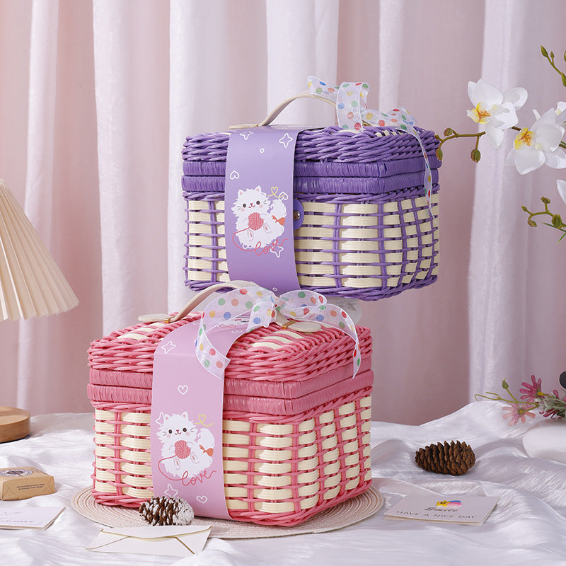 New Colorful Cute Flip-Top Rectangular Straw And Leather Woven Basket