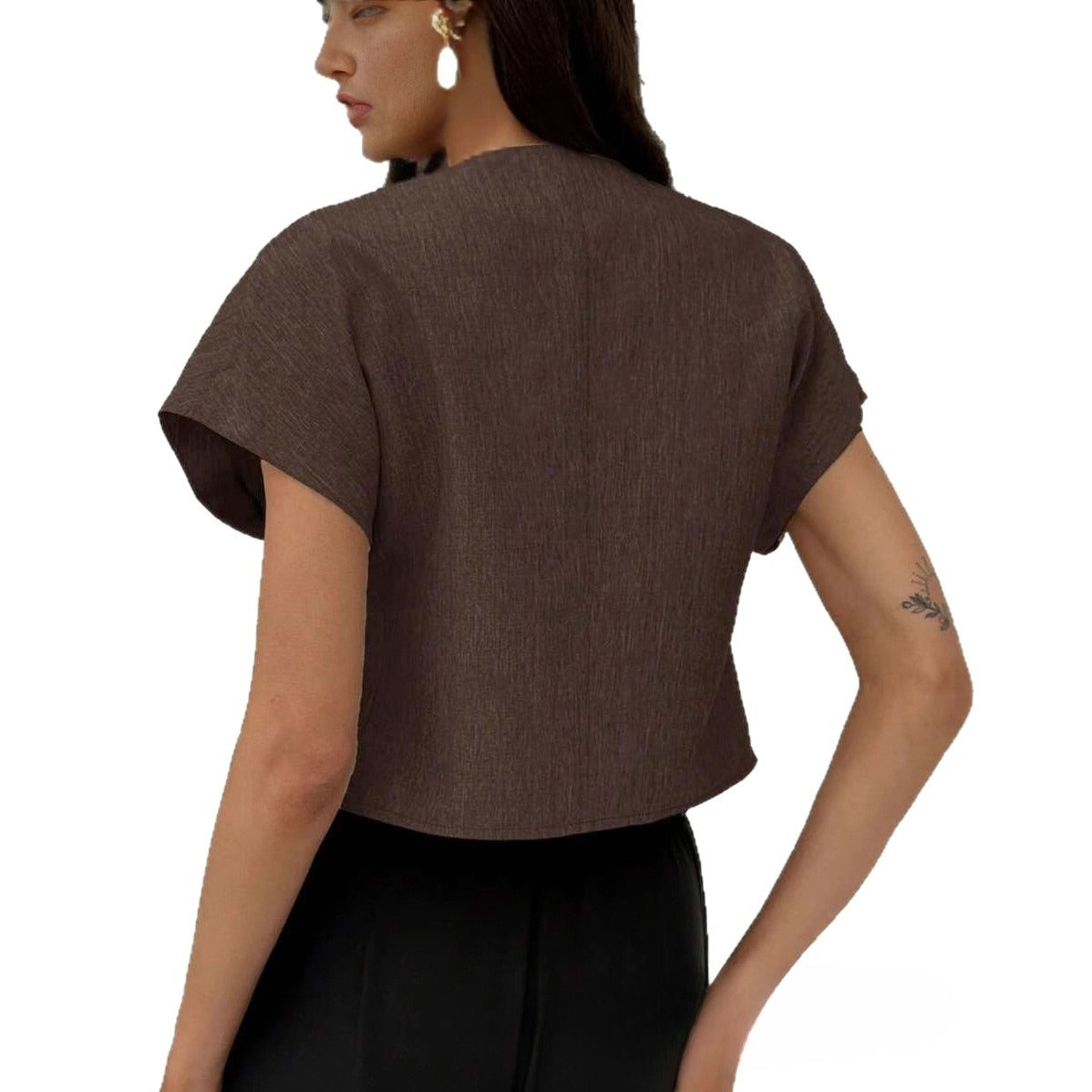 Wide-shoulder Waist-cinching Irregular Hem V-neck Slimming Sleeved Top