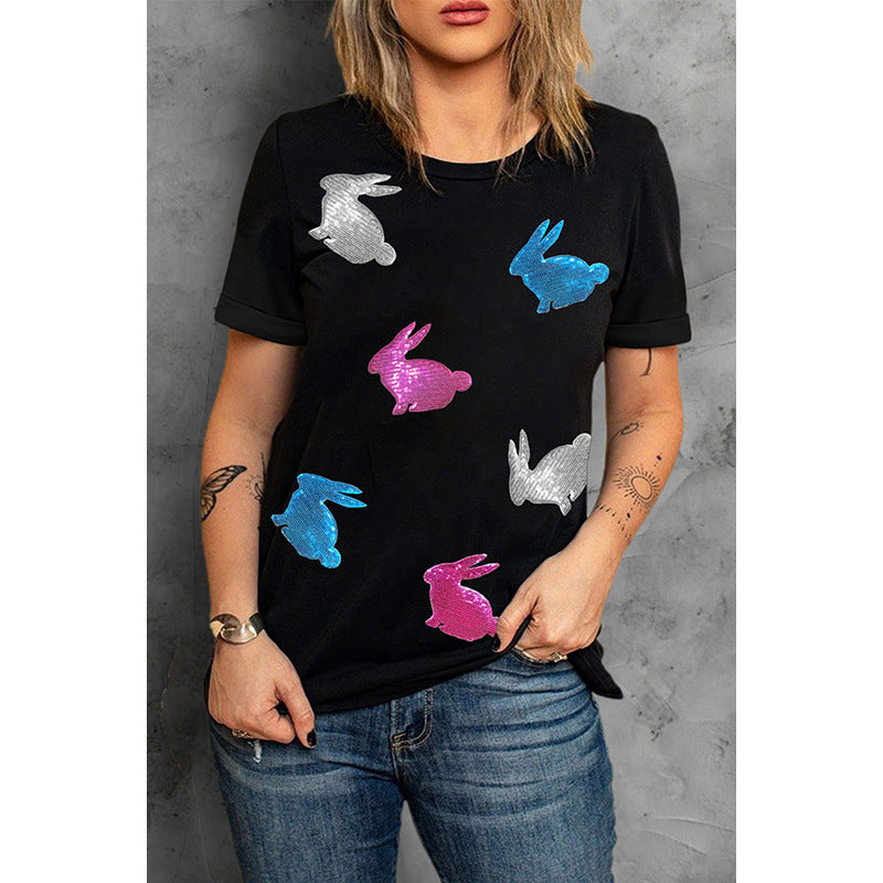 Neck Short Sleeve Pullover Personality Trend Sequin Stitching T-shirt
