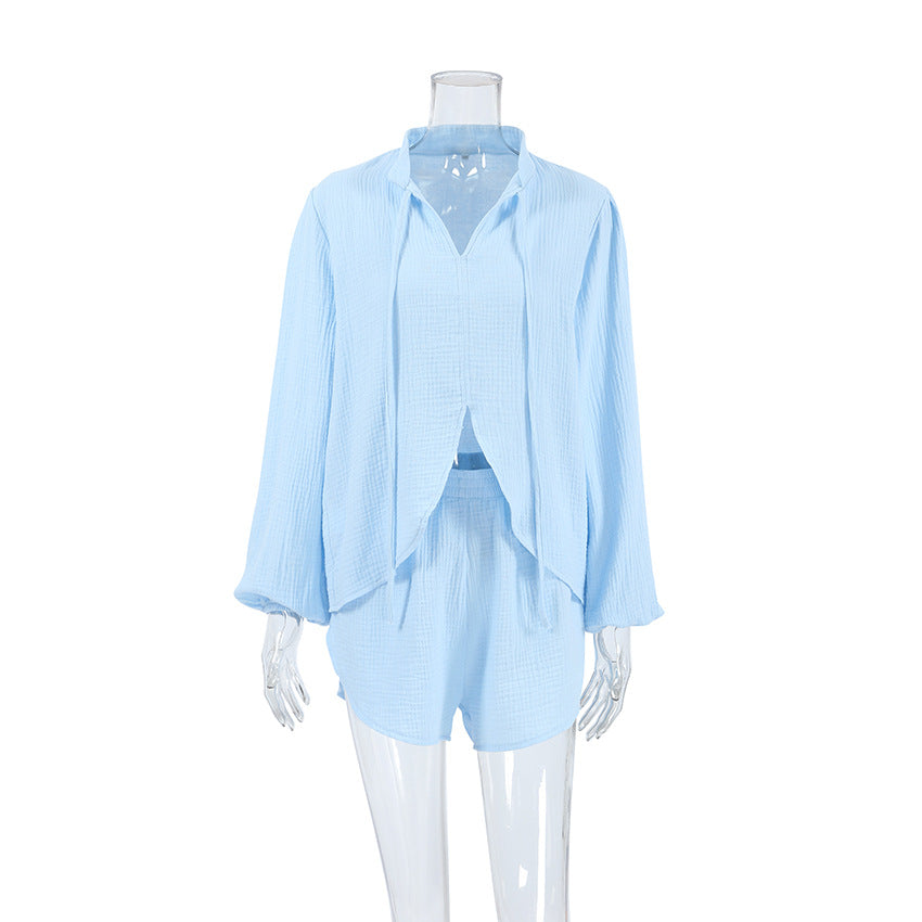 Blue Pure Cotton Drawstring Long-sleeve Shorts Soft