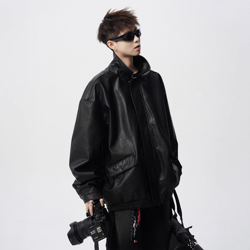 Mens Heavy Weight Retro American High-street Biker Leather Jacket For Spring