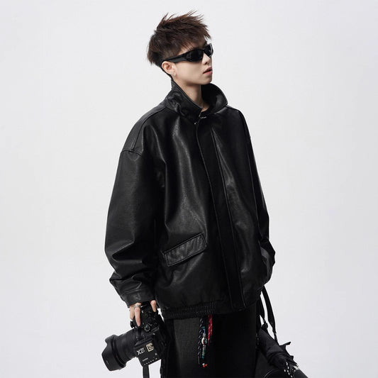 Mens Heavy Weight Retro American High-street Biker Leather Jacket For Spring