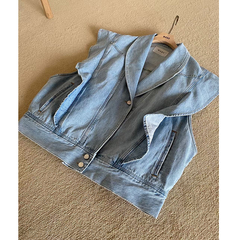 Summer Retro Niche Lapel Ruffled Loose Wild Washed Blue Denim Waistcoat