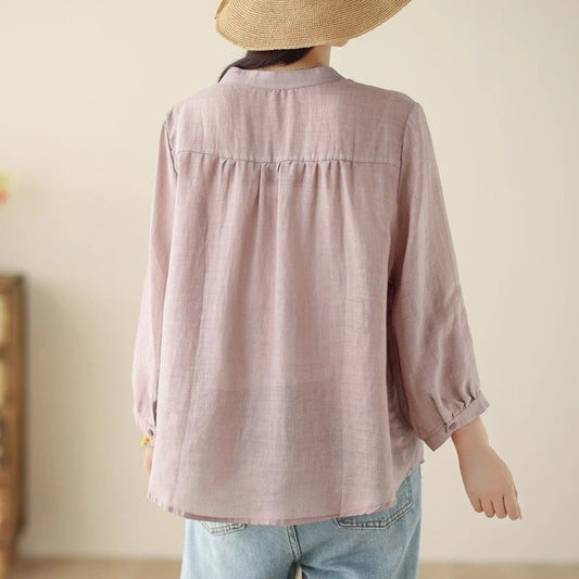 Simple Style Elegant Cotton And Linen Three-quarter Sleeve Stand Collar Shirt For Women