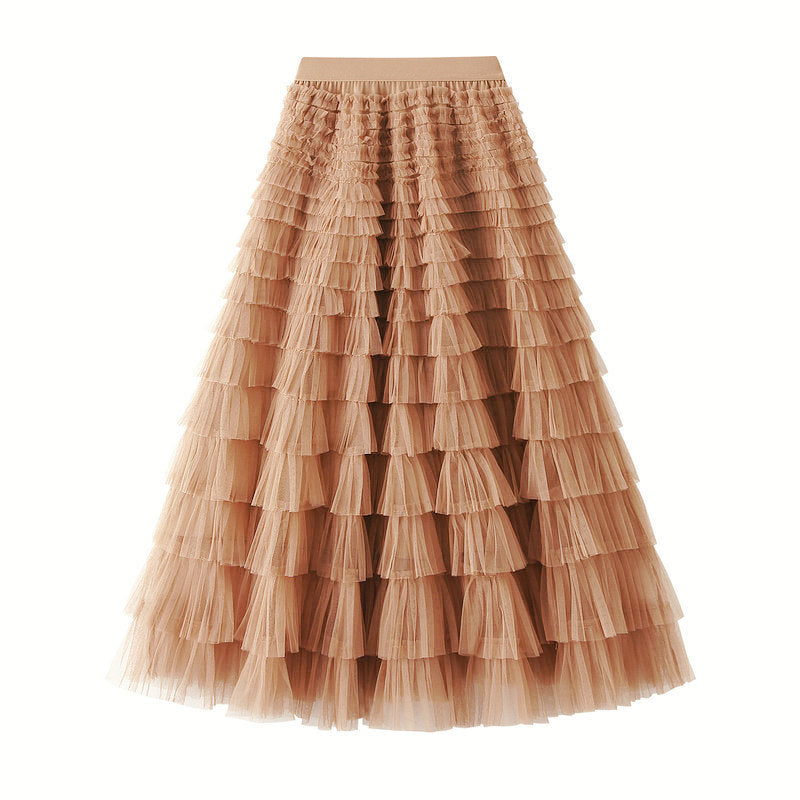 Line Mesh Ruffle Skirt Women's Temperament Sweet Long Skirt Slim Cupcake Dress Womens Clothing