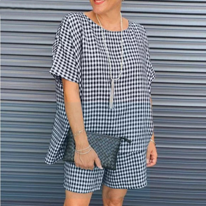 Casual Check Crew Neck Short Sleeve Shorts