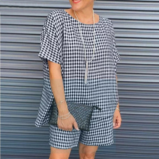 Casual Check Crew Neck Short Sleeve Shorts
