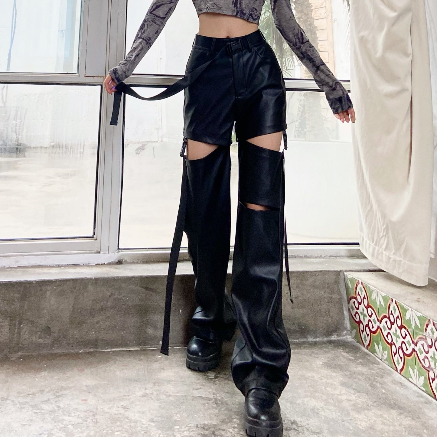 Women's Fashion Simple High Waist Straight Detachable Hole Leather Pants
