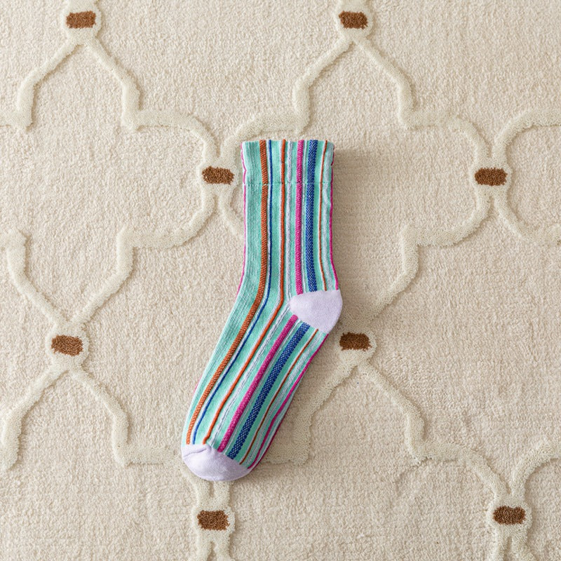 Autumn And Winter Vertical Stripes Retro Color Hem Tube Socks